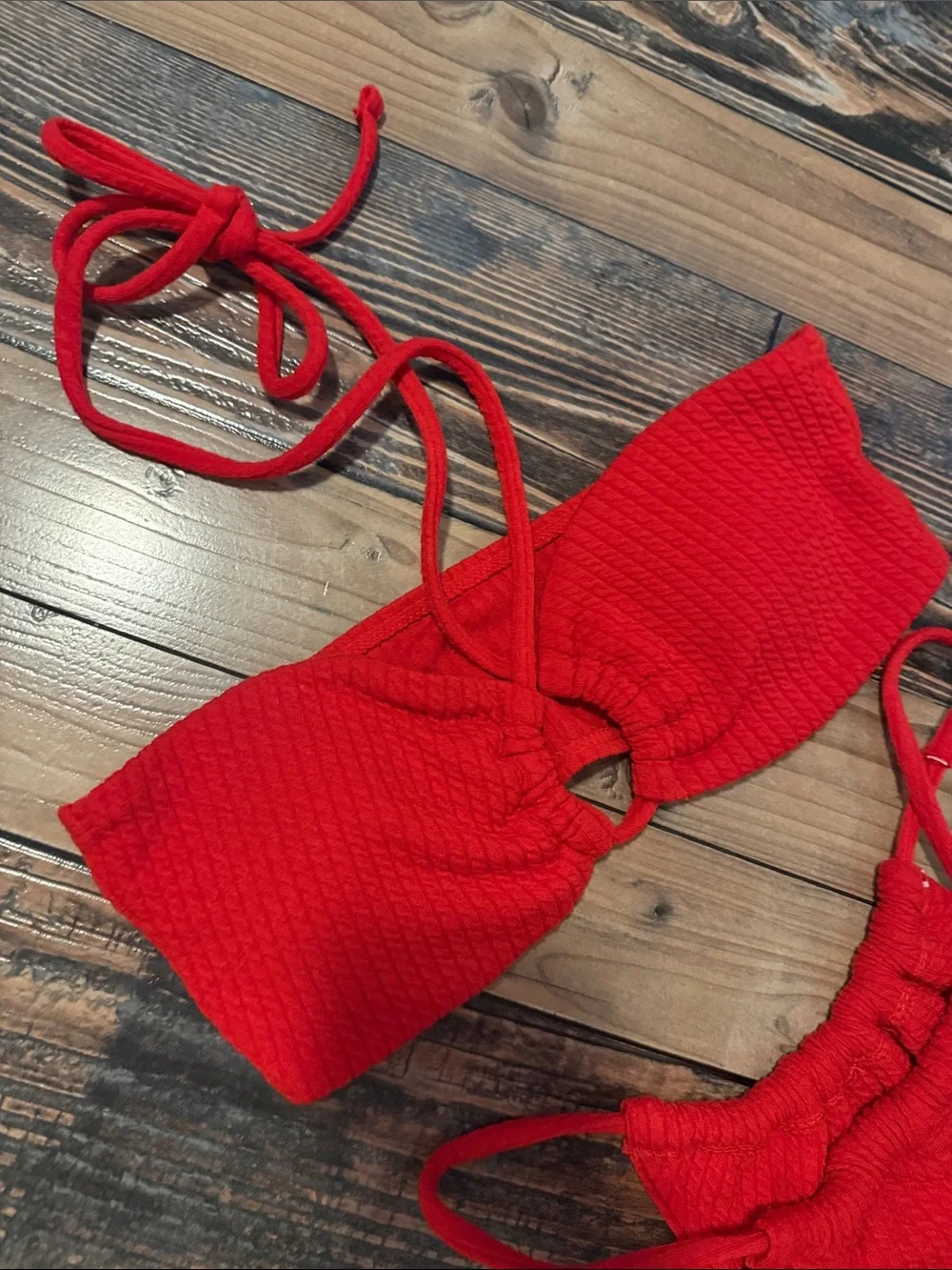 Red Textured Cheeky Tanga Bikini Set